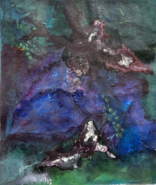 Abstract artwork with swirling colors on a textured surface