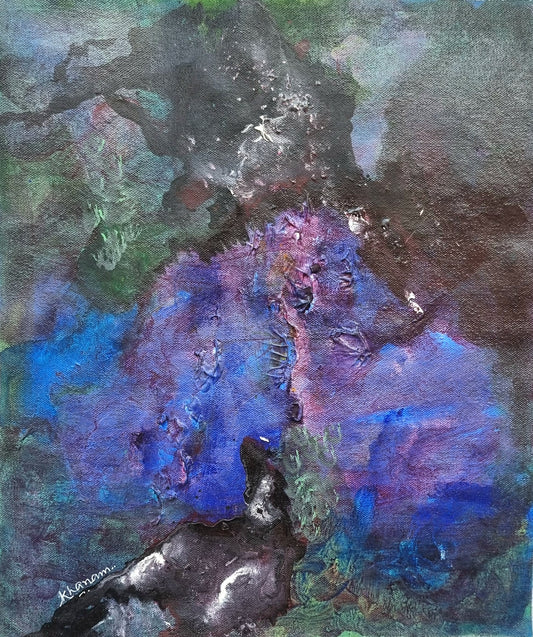 Abstract painting with swirling colors and textures