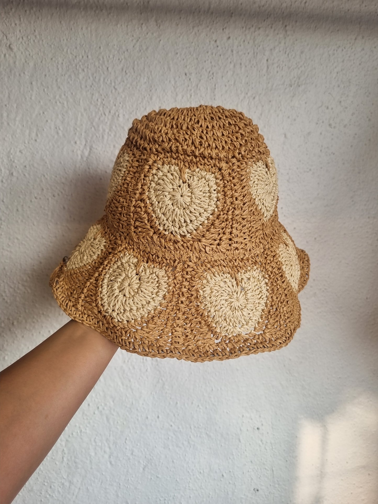 Dark Beige Woven Bucket Hat with Hearts - Romantic Summer Style