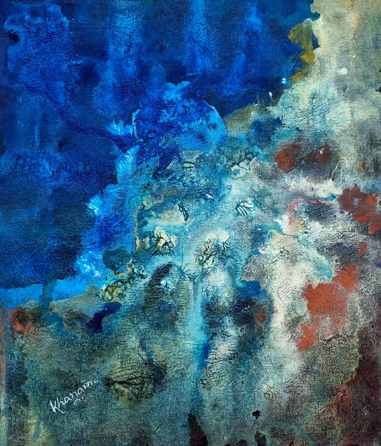 Abstract artwork with blue, green, and red colors on a textured surface.