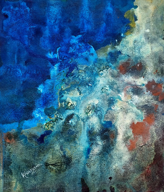 Abstract artwork with blue, green, and red colors on a textured surface.