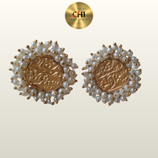 Pearl Border Gold Engraved Stud Earrings