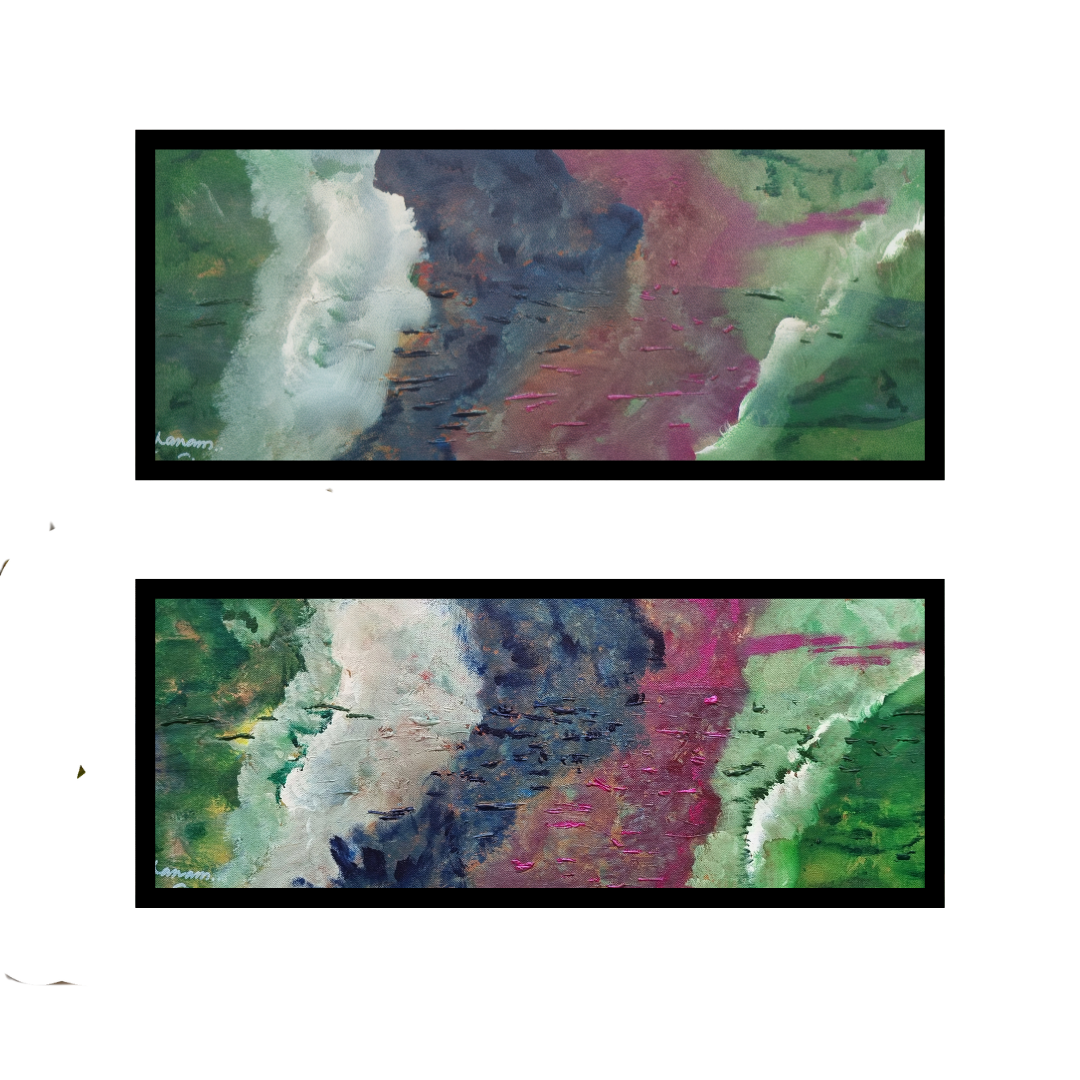 Two abstract art pieces with colorful patterns on a white background