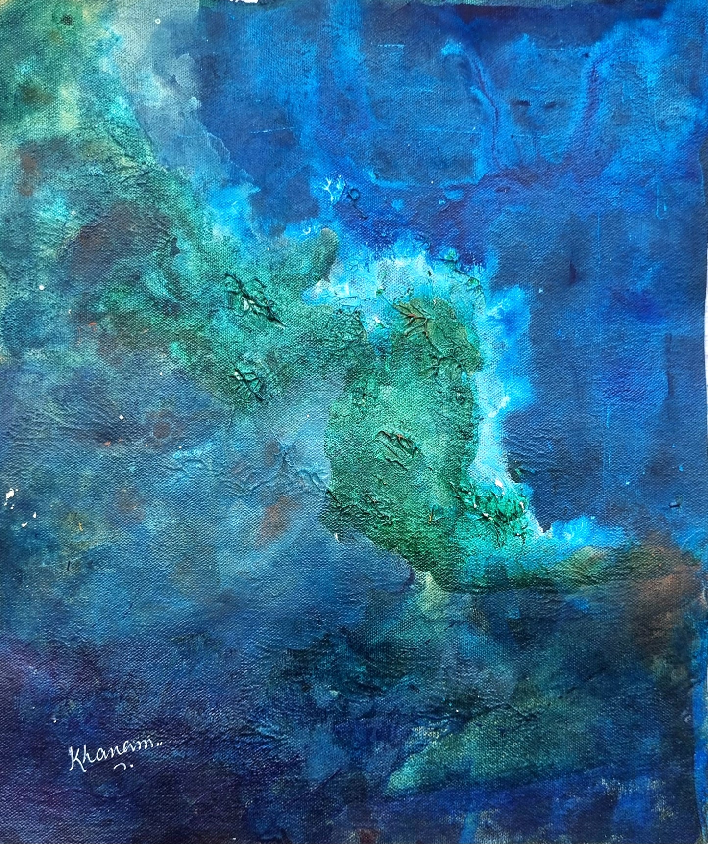 Abstract artwork with blue and green hues