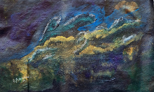 This image features a striking abstract painting titled "Blue Abstract 2". The artwork displays an intense, swirling blend of blue tones with hints of green and yellow, creating a vibrant and dynamic visual effect.