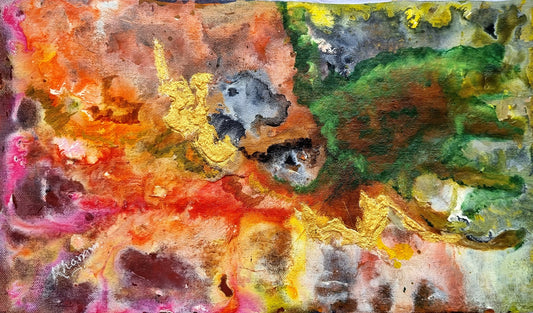 This image features a vibrant and colorful abstract painting titled "Orange Abstract 2." The artwork is prominently displayed above a contemporary sofa, Its bold strokes and rich, warm tones complement the modern aesthetic of the room.