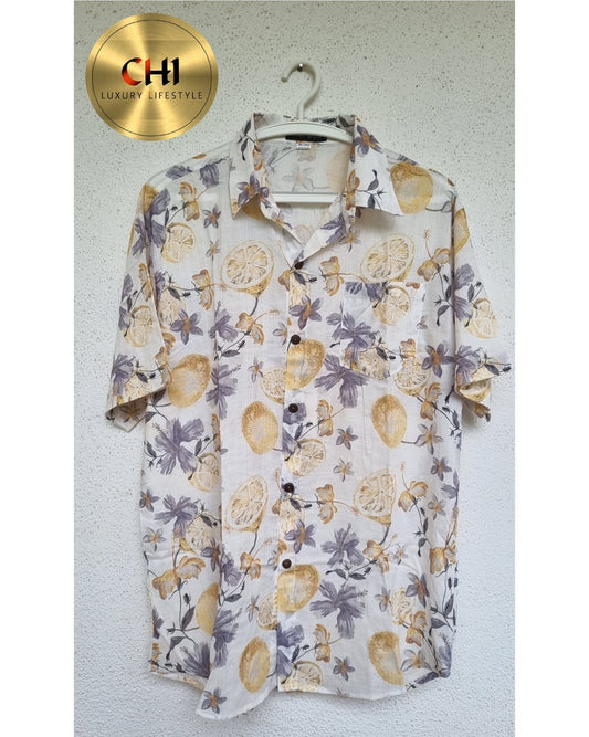 Floral patterned shirt on a hanger with a visible brand logo.