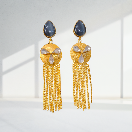 Black Onyx Gold Tassel Earrings - Statement Drop Earrings with Crystal Accents