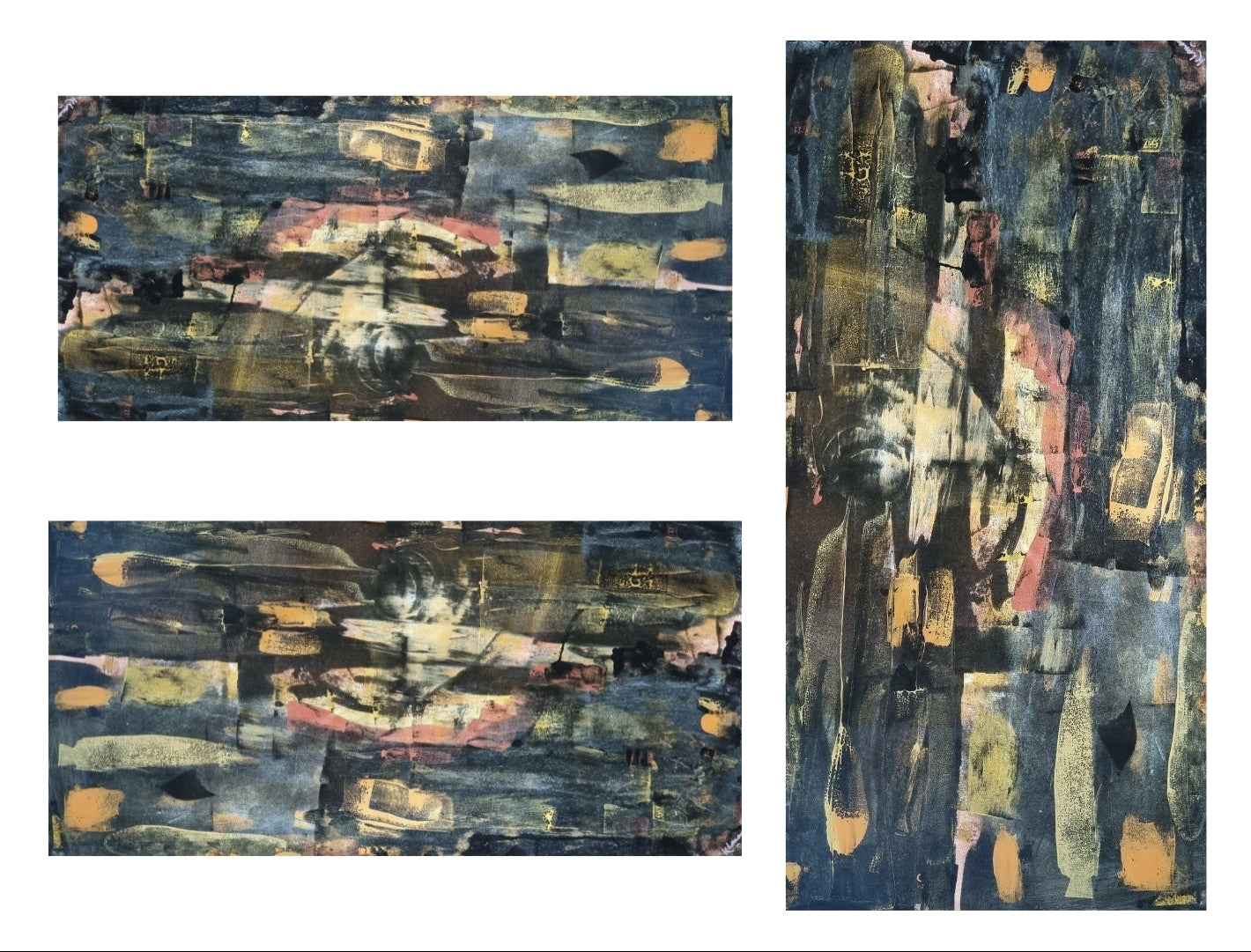 Abstract art piece with text detailing title, source, medium, size, price, and year.