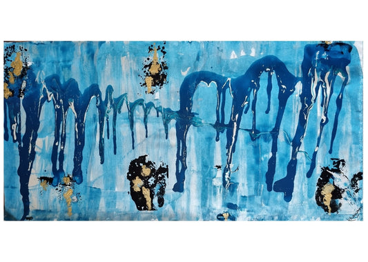 Artistic depiction of animals in a blue abstract setting with text on the right.