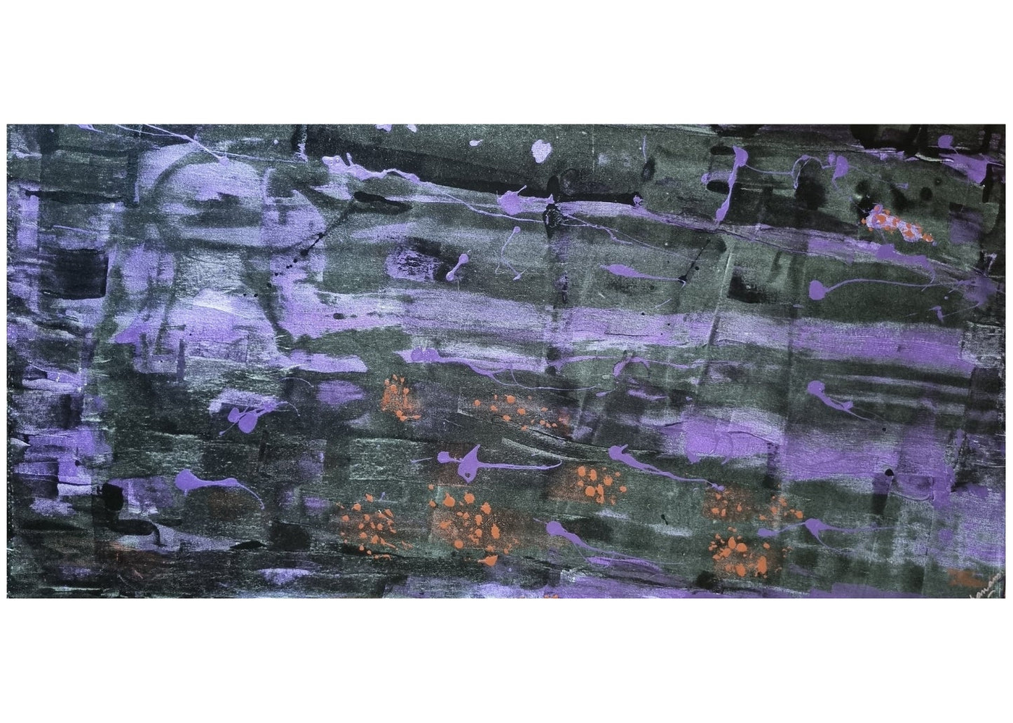 Abstract painting with purple and green hues on a white background, featuring text about the artwork.