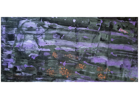 Abstract painting with purple and green hues on a white background, featuring text about the artwork.
