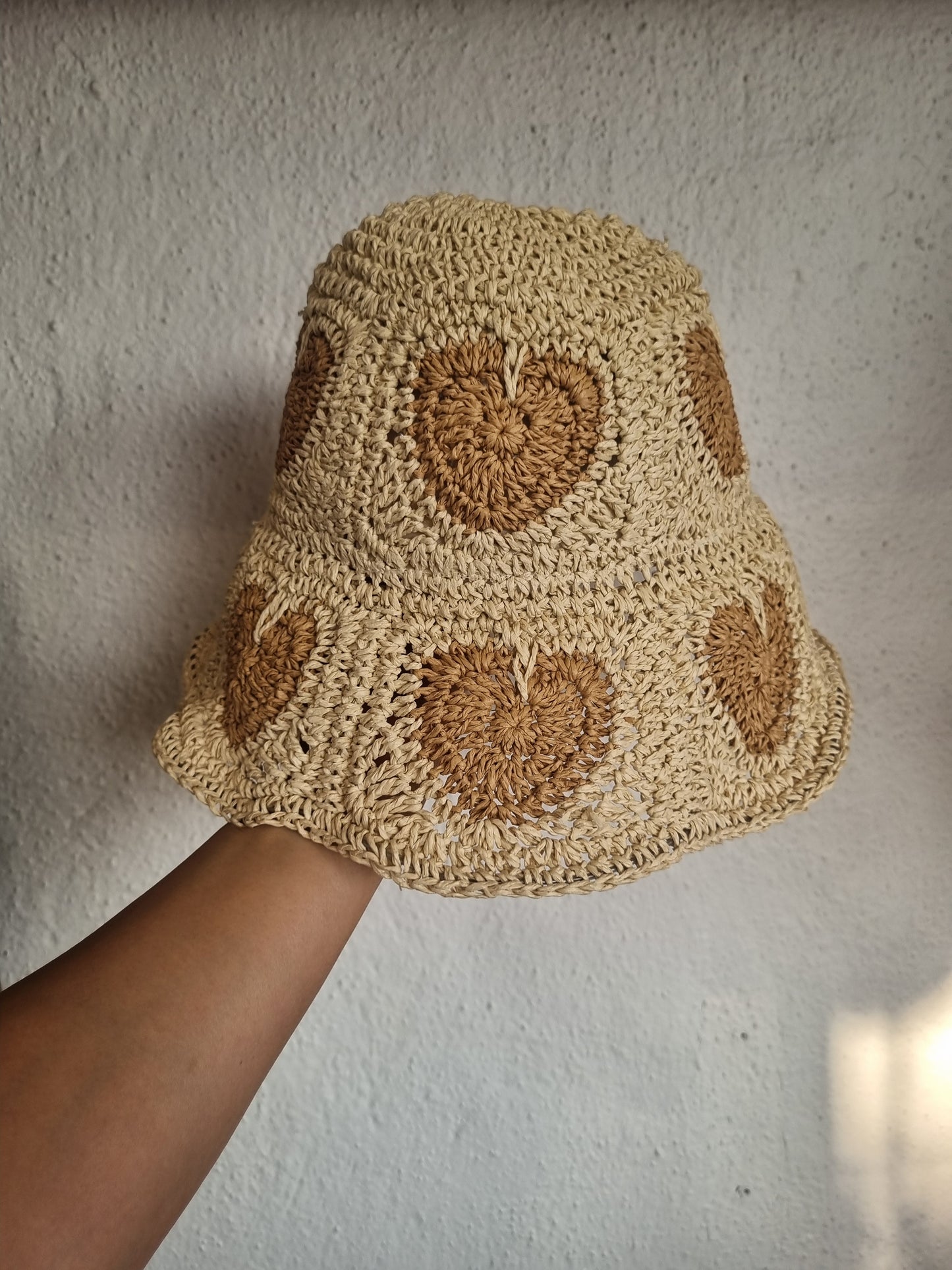 Light Beige Woven Bucket Hat with Hearts - Romantic Summer Style