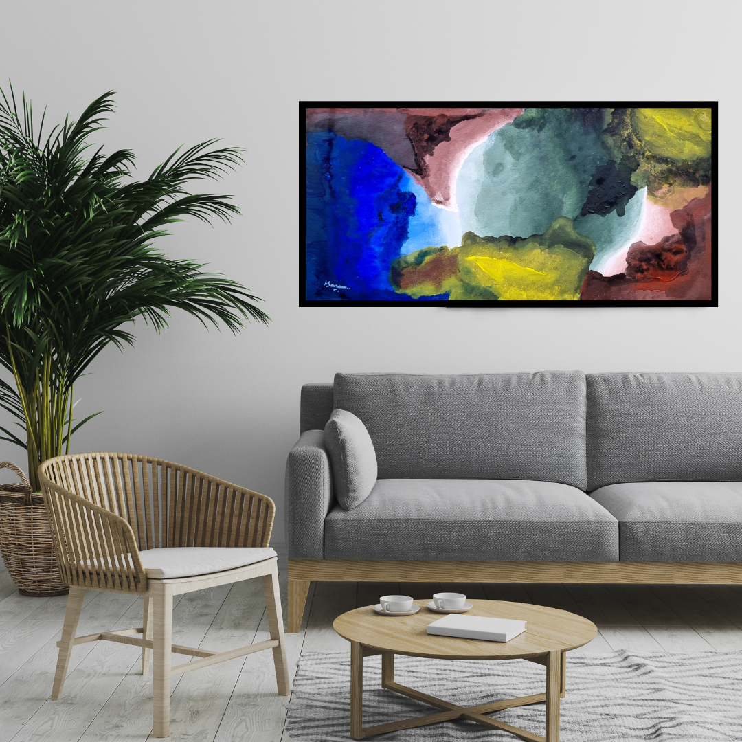 Modern living room with a gray sofa, wicker chair, and abstract painting on the wall.