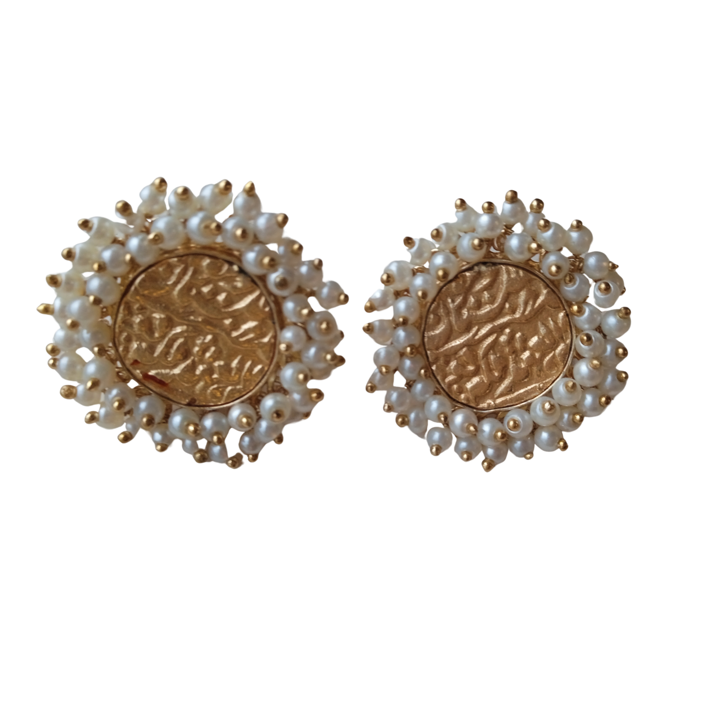Pearl Border Gold Engraved Stud Earrings