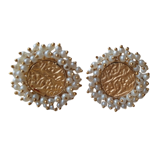 Pearl Border Gold Engraved Stud Earrings