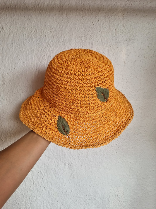 Orange Straw Hat with Leaf Motifs - Artisan Summer Accessory