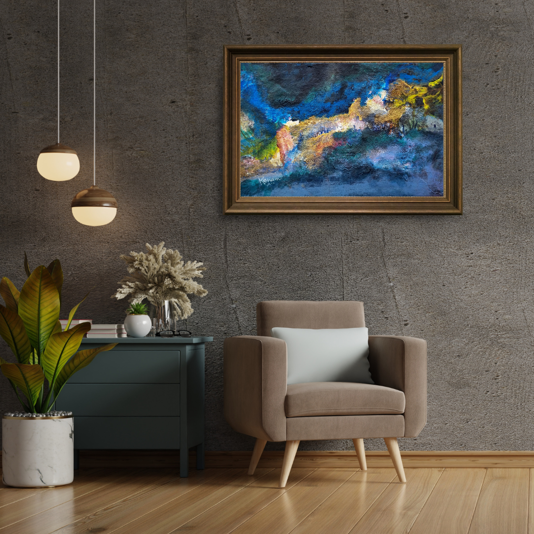 Modern interior with a gray armchair, side table, and abstract painting on a textured wall.