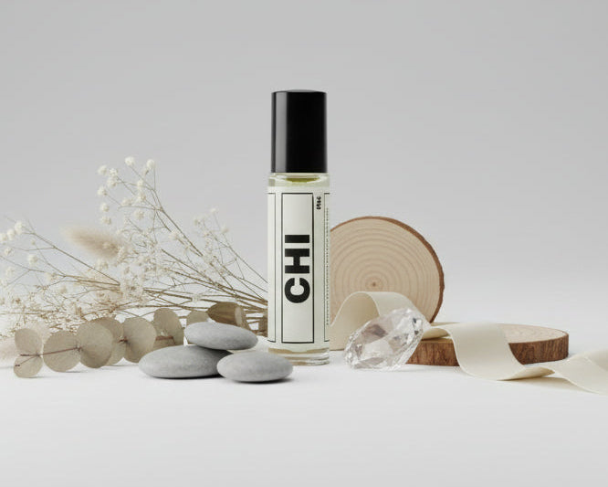 Roll-on bottle with a label on a white fabric background