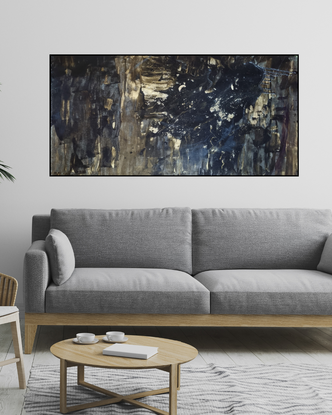 Dark Abyss / Dramatic Abstract Oil Painting 2x4 ft - Black & Gold Wall Art