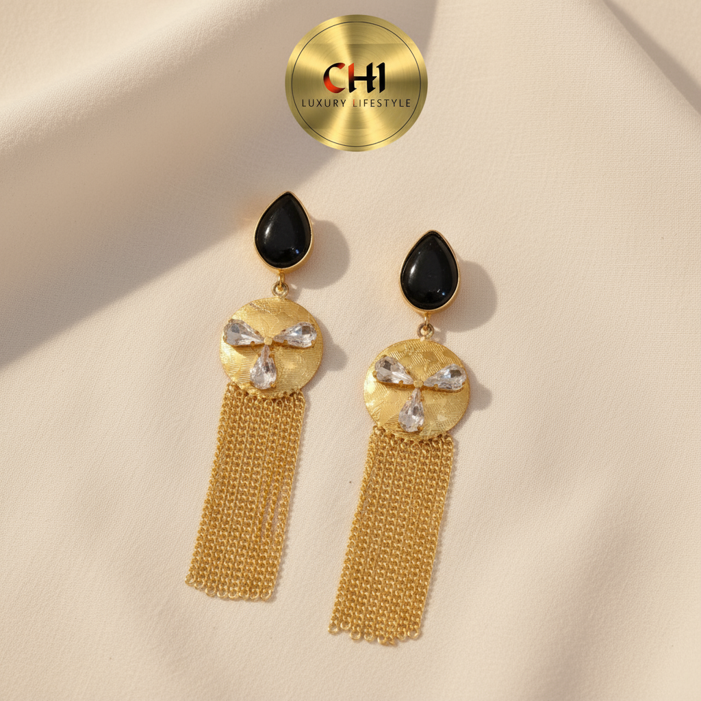 Black Onyx Gold Tassel Earrings - Statement Drop Earrings with Crystal Accents