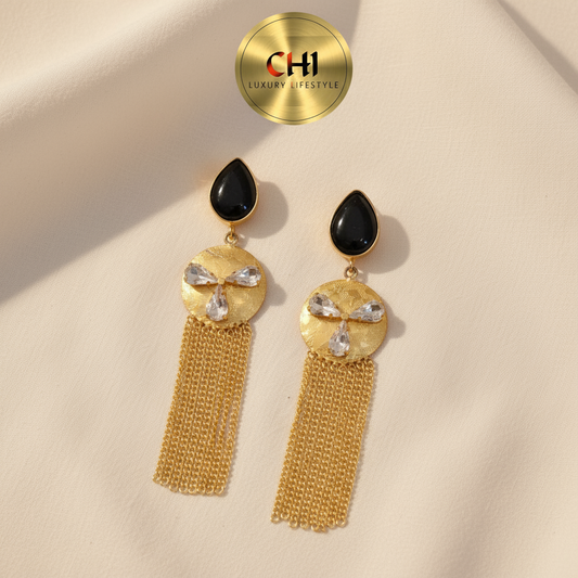 Black Onyx Gold Tassel Earrings - Statement Drop Earrings with Crystal Accents