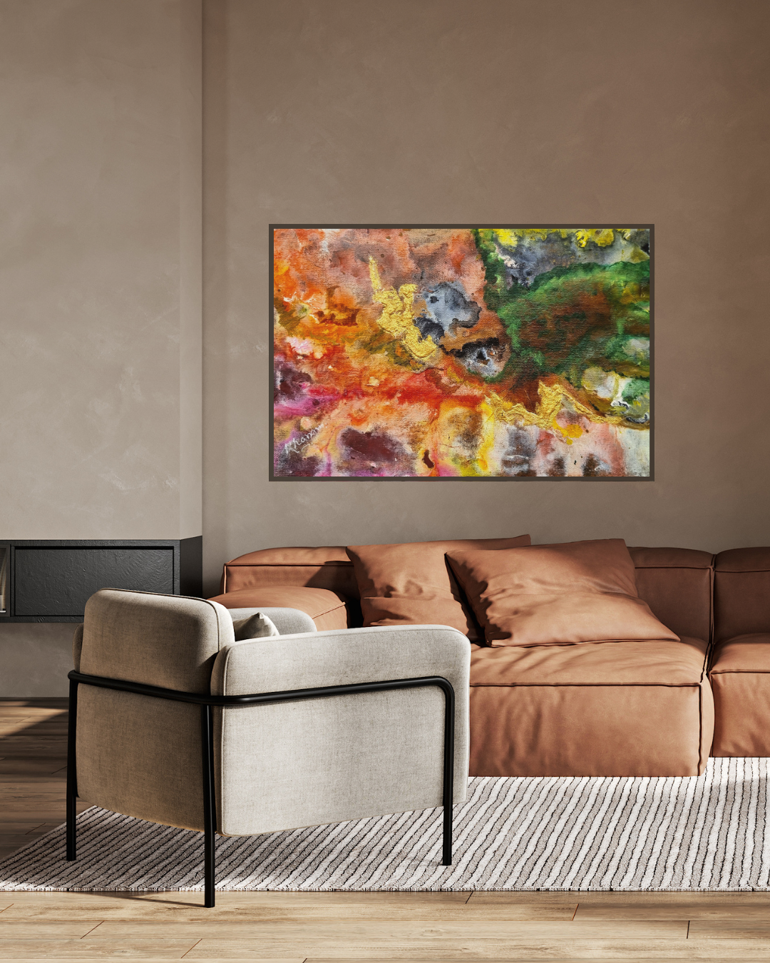 Modern living room with a brown sectional sofa, beige armchair, and abstract painting on the wall.