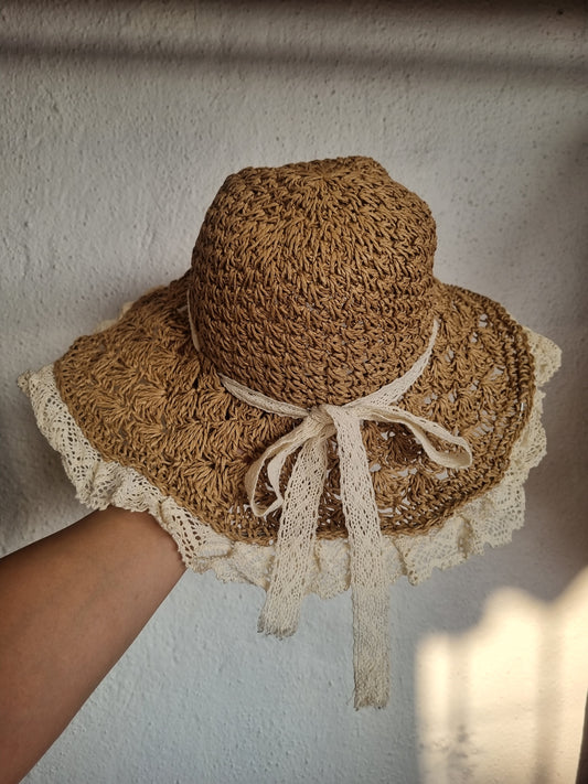 Dark Beige Lace Straw Hat - Elegant Vintage-Inspired Style