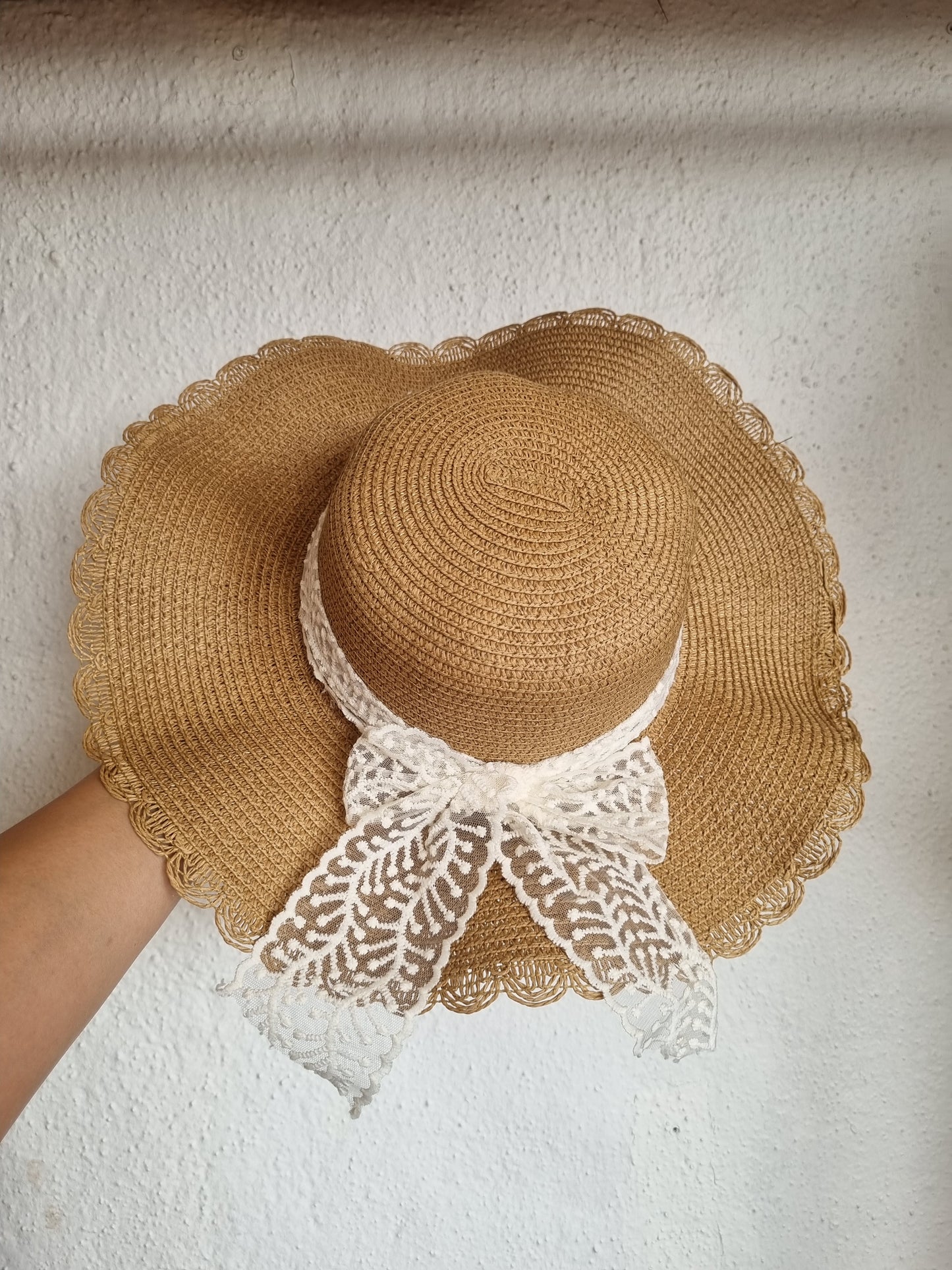 Large Straw Hat with White Net Lace - Romantic Wide Brim Elegance