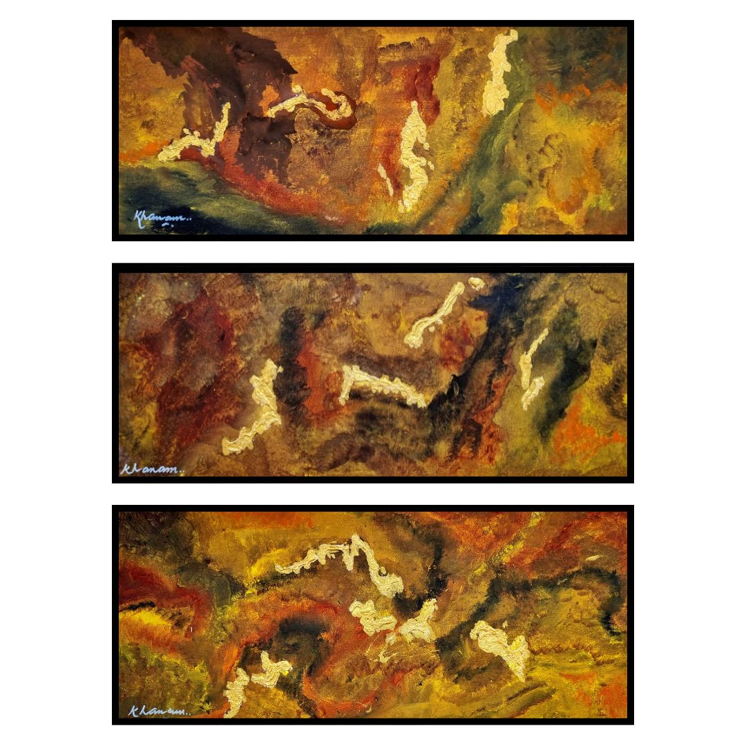 Three abstract paintings with warm colors and a signature on a white background