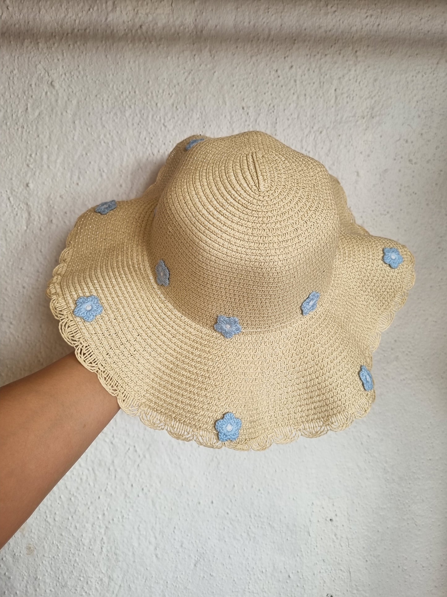 Large Straw Hat with Blue Floral Motifs - Coastal Elegance